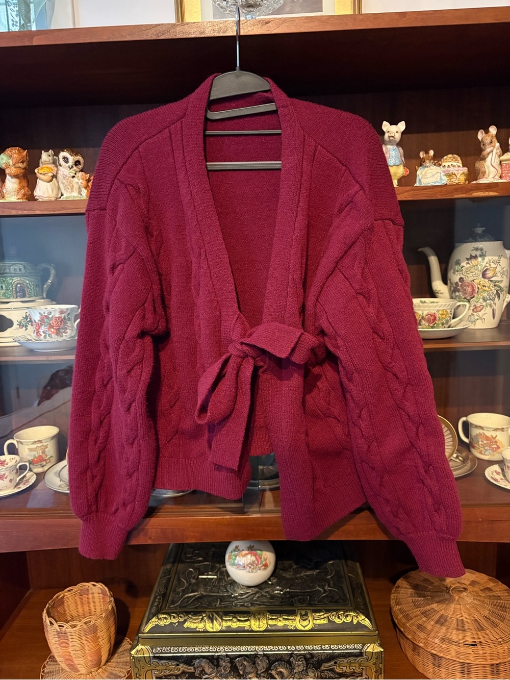 Cider Plum Cable-Knit Tie-Belt Cardigan